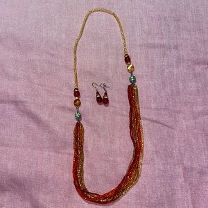 Red Orange Gold Two in One Necklace with Earrings